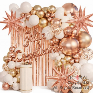 SET DE GLOBOS ARCO XL FELIZ CUMPLEA�OS ROSA GOLD BLANCO Y ORO XSR 72 UNIDADES